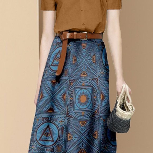 Short Sleeve Solid Color Blouse and Print Midi Skirts Set - Picture 5 of 6